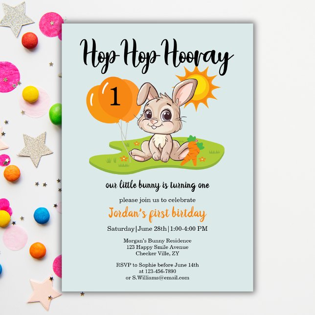 Invitation Hop Hop Hooray mignonne Un lapin 1er anniversaire (Créateur téléchargé)