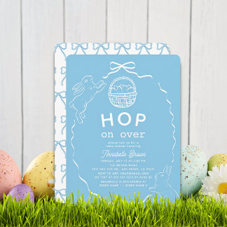 Invitation Hop on Over Blue Bow Bunny Boy Baby Shower