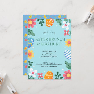 Invitation Hop on Over Easter Brunch Egg Hunt Bunny Floral