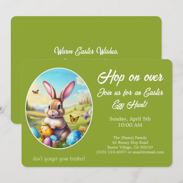 Invitation Hop on Over Easter Egg Hunt Bunny Green -  (Devant / Derrière)