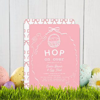 Invitation Hop on Over Pink Bow Bunny Easter Brunch