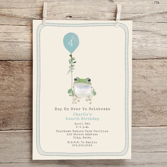 Invitation Hop On Over Woodland Frog Blue Boy Anniversaire (Créateur téléchargé)