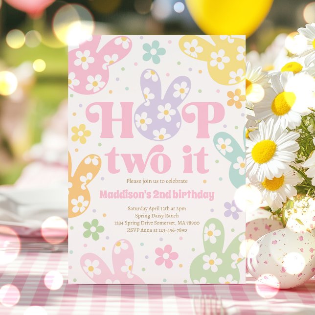 Invitation Hop Two It Bunny 2e anniversaire Pastel Daisy Flor (Créateur téléchargé)