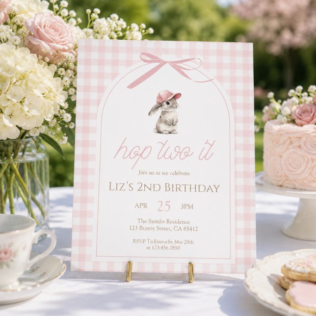 Invitation Hop Two It Rose Gingham Lapin 2e Anniversaire (Créateur téléchargé)