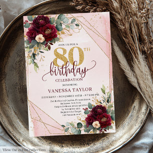 Invitation Horaire Bourgogne Blush Gold Roses 80e anniversair