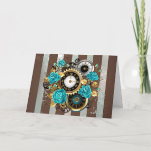 Invitation Horloge à vapeur et Roses turquoise sur le sol