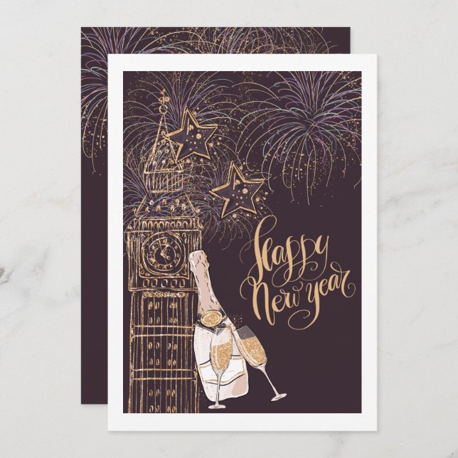 Invitation Horloge d'or Bonne année (Devant / Derrière)