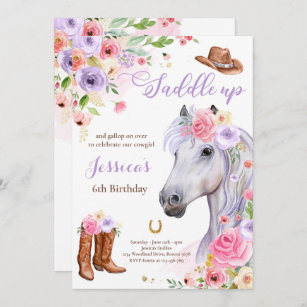 Invitation Horloge fête d'anniversaire Cowgirl Lilac Floral A