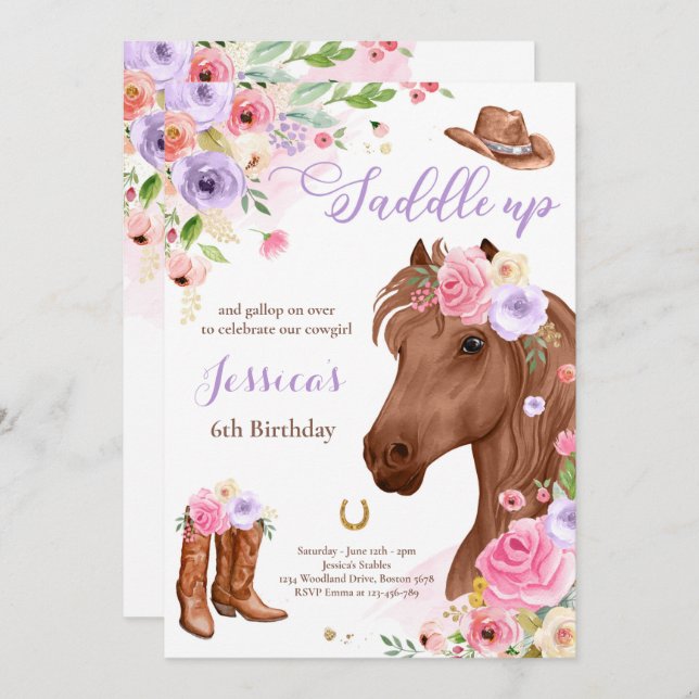 Invitation Horloge fête d'anniversaire Cowgirl Lilac Floral A (Devant / Derrière)