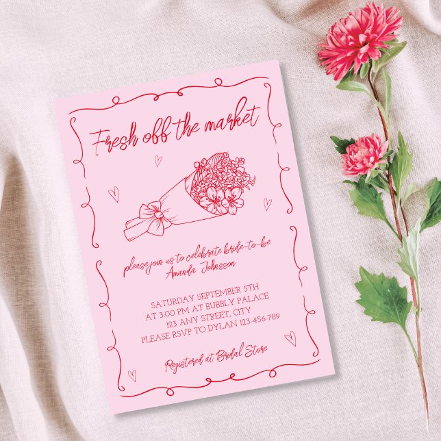 Invitation Hors du marché Fête des mariées rose et rouge main (Off The Market Pink & Red Hand Drawn Bridal Shower Invitation)