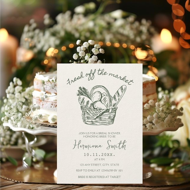 Invitation Hors du marché Fête des mariées verte à main (Fresh off the market green hand drawn bridal shower invitation)