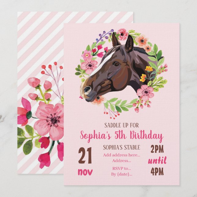 Invitation Horse Birthday Party Cowgirl Pink Floral Birthday (Devant / Derrière)