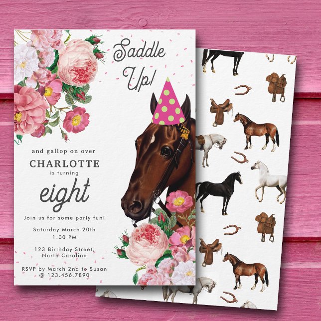 Invitation Horse Birthday Theme Pink Floral Girl Cowgirl (Horse Birthday Theme Pink Floral Girl Cowgirl Invitation)
