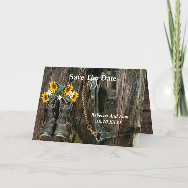 Invitation Horse Cowboy Boots Sunflowers Rustic Barn Board (Devant)