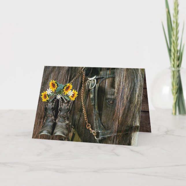 Invitation Horse Cowboy Boots Sunflowers Rustic Barque (Devant)