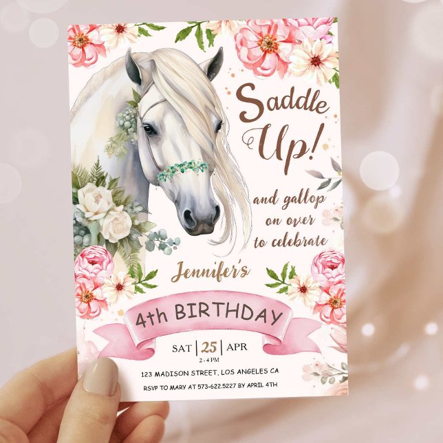Invitation Horse Fête d'anniversaire Filles rose 4e anniversa (Créateur téléchargé)
