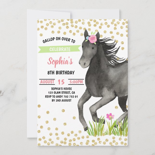 Invitation Horse fête d'anniversaire Gold Parties scintillant (Devant)