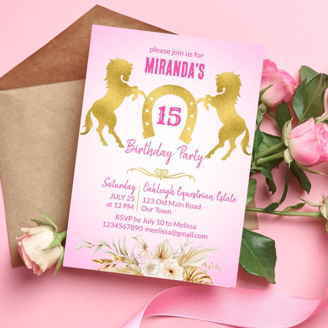 Invitation Horse fête d'anniversaire thématique rose et or (Horse themed birthday party invitation pink and gold horses gold flowers equestrian party invite)