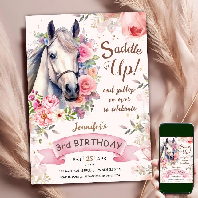 Invitation Horse Girl 3e anniversaire Fleurs roses Saddup Inv (Créateur téléchargé)