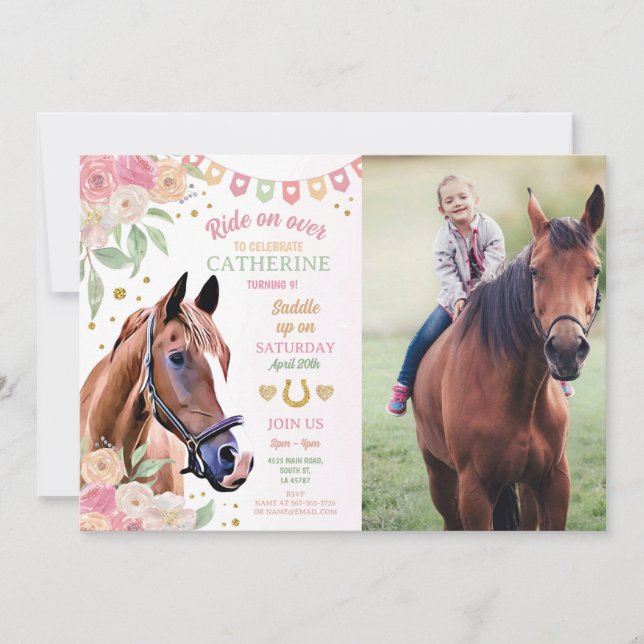 Invitation Horse Riding Party Photo Pony Flower Girl Annivers (Devant)