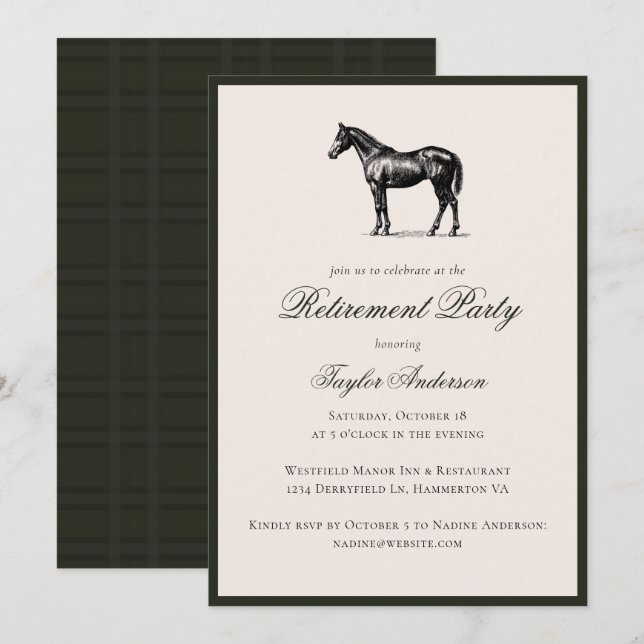 Invitation Horse Vintage Equestrian Elegant Retirement Party (Devant / Derrière)