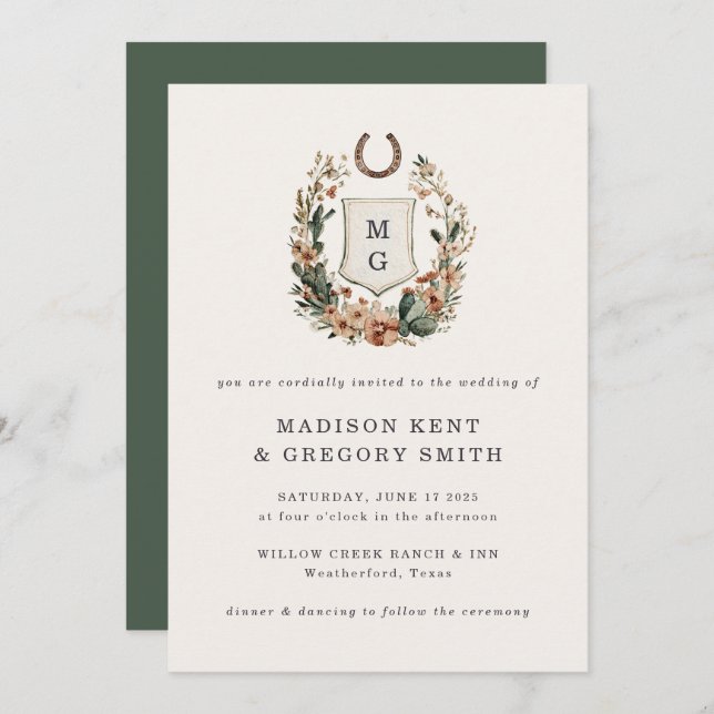Invitation Horseshoe Cactus Western Country Crest Wedding  (Devant / Derrière)