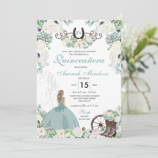 Invitation Horseshoe Floral Vert Quinceañera Ouest (Debout devant)