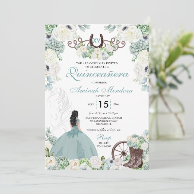 Invitation Horseshoe Floral Vert Quinceañera Ouest (Debout devant)