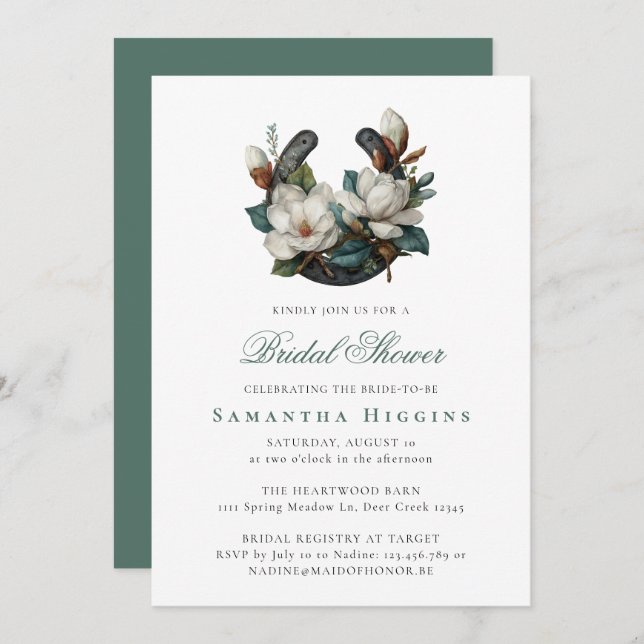 Invitation Horseshoe Magnolia Elegant Wedding Bridal Shower (Devant / Derrière)