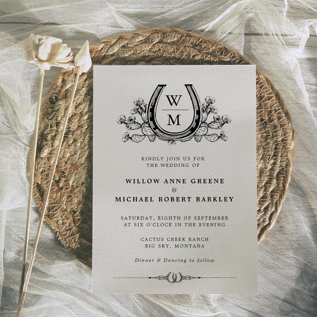 Invitation Horseshos Cactus Western Country Boho Mariage (Black and Ivory Western Cactus Wedding Invitation )