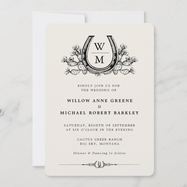 Invitation Horseshos Cactus Western Country Boho Mariage (Devant)