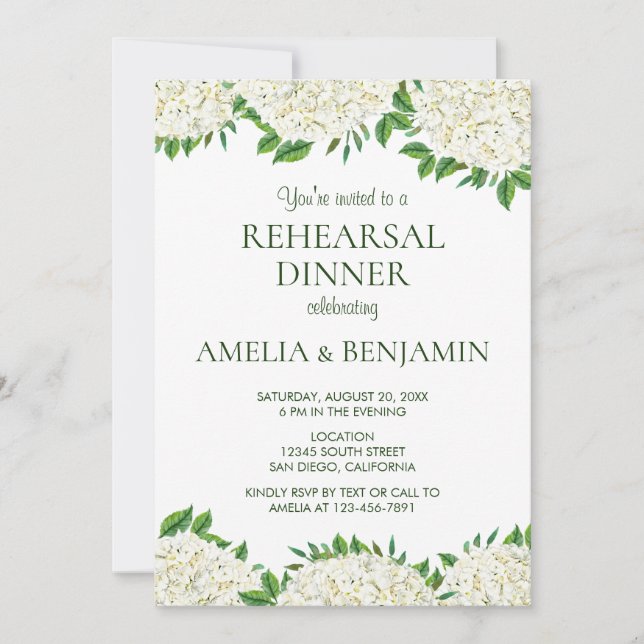Invitation Hortensias blancs Dîner de répétition de mariage é (Devant)