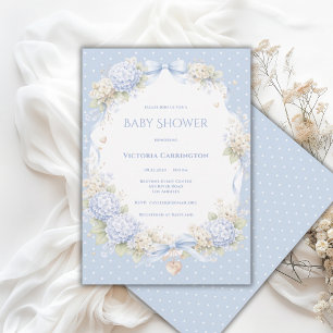 Invitation Hortensias Bleus Blancs Ruban Baby Shower Vintage