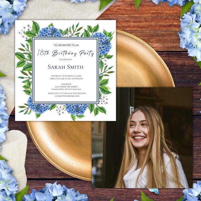 Invitation Hortensias Bleus Clair Photo Fête d'anniversaire 1 (Front/Back)