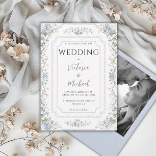 Invitation Hortensias Bleus Élégants Photo Mariage Moderne