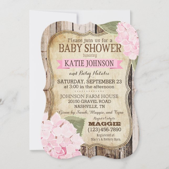 Invitation Hortensias de pays et baby shower en bois rustique (Devant)