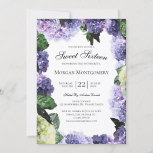 Invitation Hortensias ivoire et violets   White Sweet Sixteen