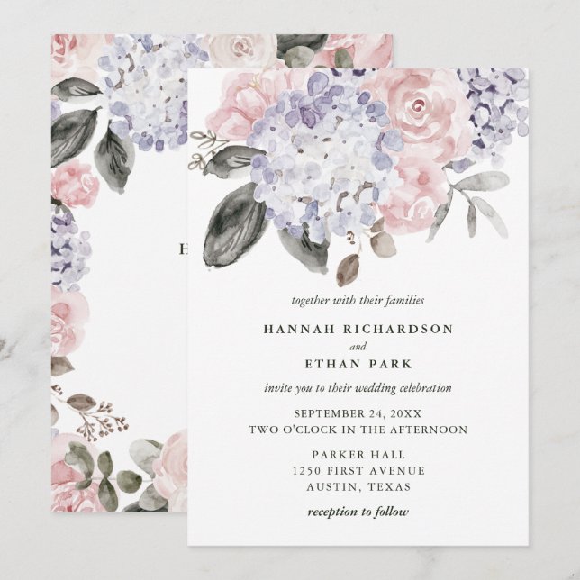 Invitation Hortensias vintages et roses d'aquarelle | (Devant / Derrière)