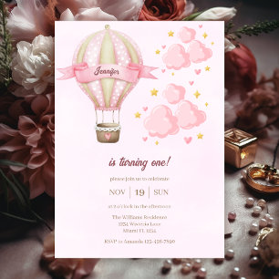 Invitation Hot Air Ballon Girl rose nuageux 1er anniversaire