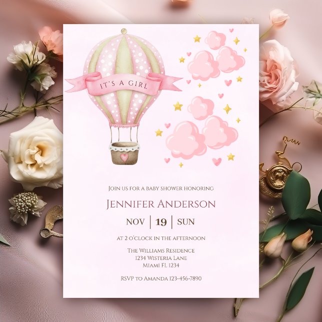Invitation Hot Air Ballon rose Élégant Baby shower fille (Créateur téléchargé)
