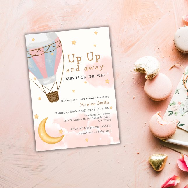 Invitation Hot Air Balloon Lune Stars Girl Baby shower (Hot Air Balloon Moon Stars Girl Baby Shower Invitation)