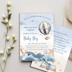 Invitation Hot Air Balloon Sea Waves Books Boy Baby shower