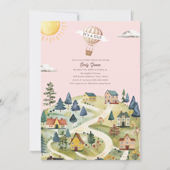 Invitation Hot Air Balloon Village Baby shower fille rose (Devant)
