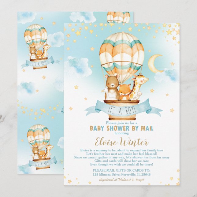 Invitation Hot Air Balloon Virtual Baby Boy Show par courrier (Devant / Derrière)