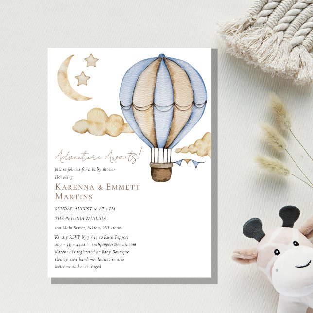Invitation Hot Air Balloon White Adventure Await Baby shower (Créateur téléchargé)