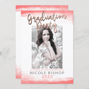 Invitation Hot Coral Modern Rose Gold Graduation Party Photo