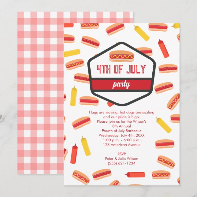 Invitation Hot Dog Fast Food 4 juillet BBQ Party (Devant / Derrière)