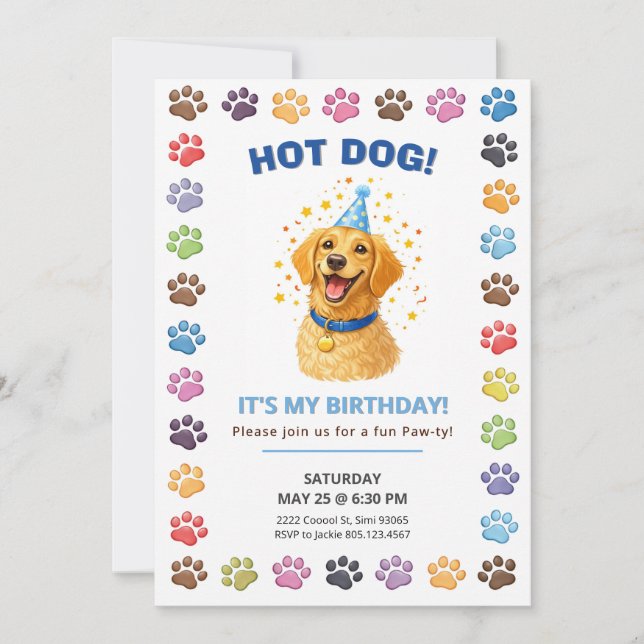 Invitation Hot Dog It’s My Birthday, Puppy Paw-ty  (Devant)