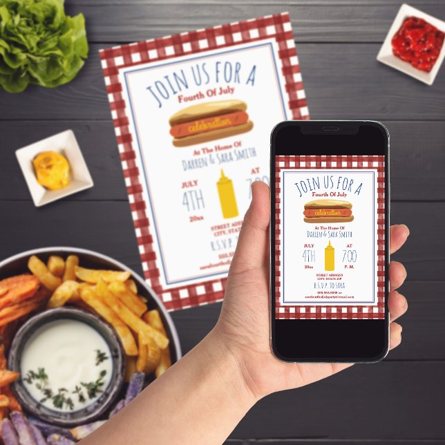 Invitation Hot Dog Mustard Rouge En vichy 4 juillet (Créateur téléchargé)