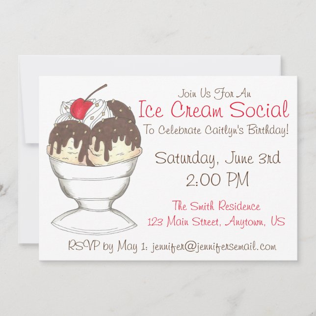 Invitation Hot Fudge Sundae Glace Cream Social Anniversaire (Devant)